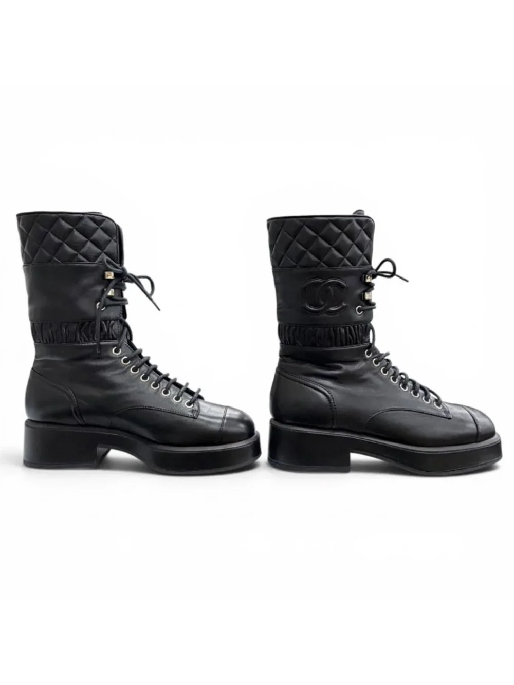 Chanel CC Logo Quilted Lace Up Leather Short Boots Black